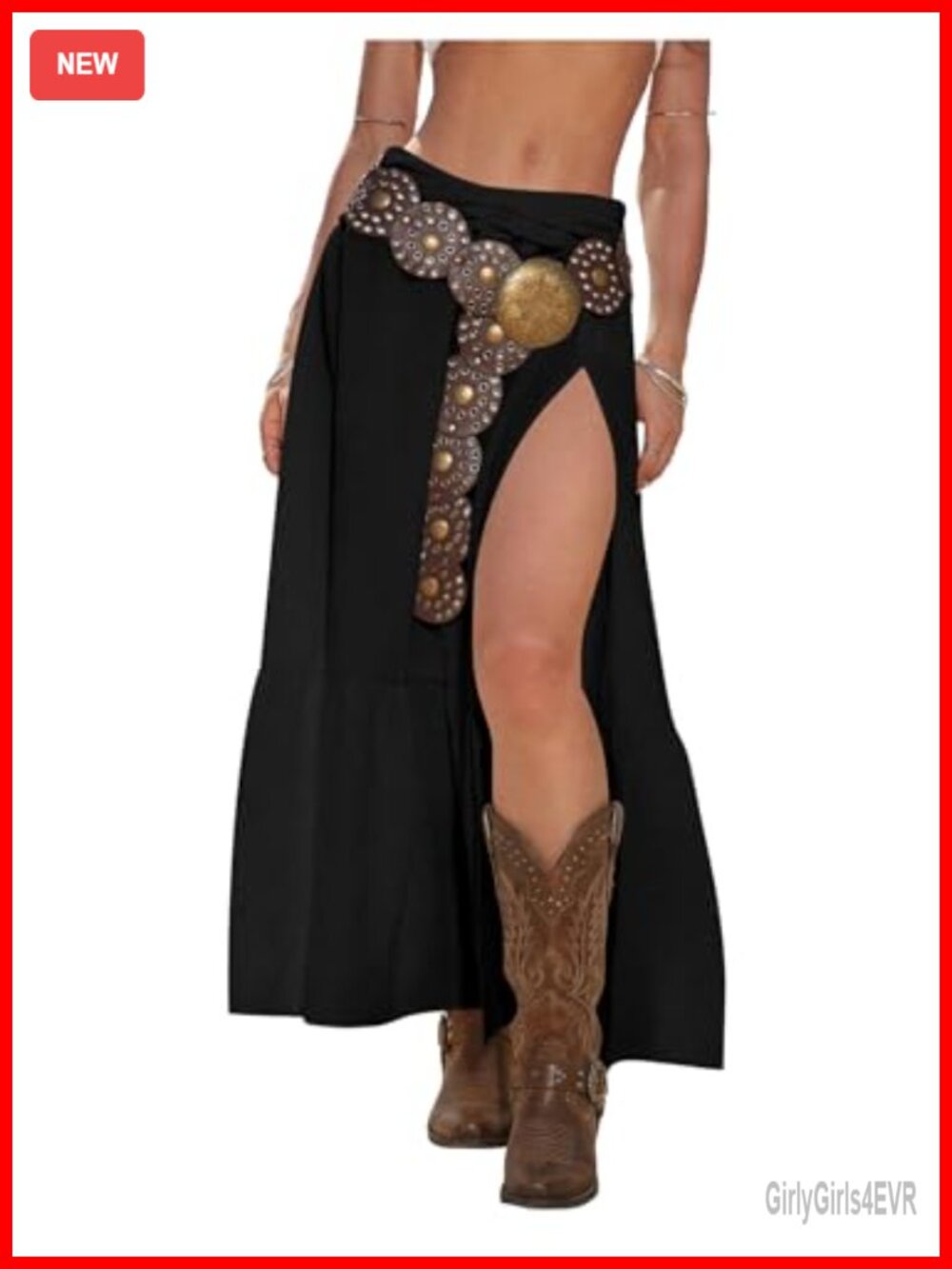 Women's High Slit Maxi Skirt Low Rise Ruffle Hem Flowy Boho Cowgirl